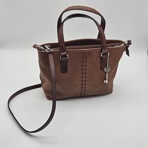 Vintage Y2K FOSSIL tan brown stitching boho top handle crossbody pebbled leather